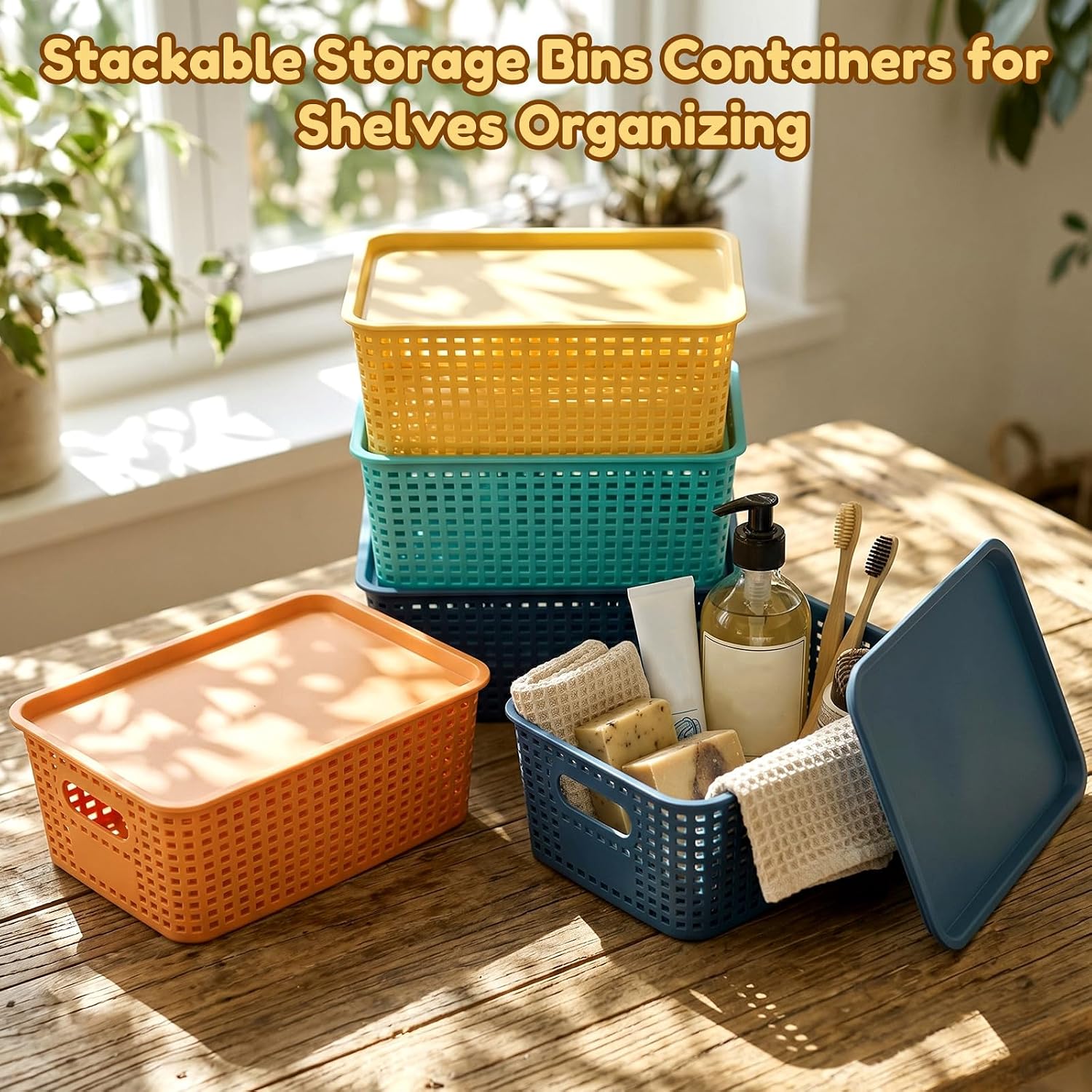12 Pack Plastic Storage Baskets with Lids Stackable Organizing Bins Storage Baskets Organizers and Containers for Closet, Pantry, Office, 10.2 x 7.2 x 4.1 Inches(Boho Color)