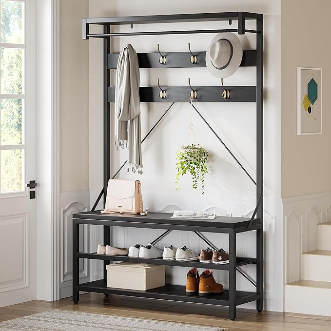 IDEALHOUSE Coat Rack Shoe Bench Industrial Hall Tree Storage Bench for Entryway, Wood Look Accent Large Shoe Rack with Storage Shelf Hanging Bar and 8 Hooks Black 39.9"x15.7"x72"