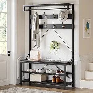 IDEALHOUSE Coat Rack Shoe Bench Industrial Hall Tree Storage Bench for Entryway, Wood Look Accent Large Shoe Rack with Storage Shelf Hanging Bar and 8 Hooks Black 39.9"x15.7"x72"