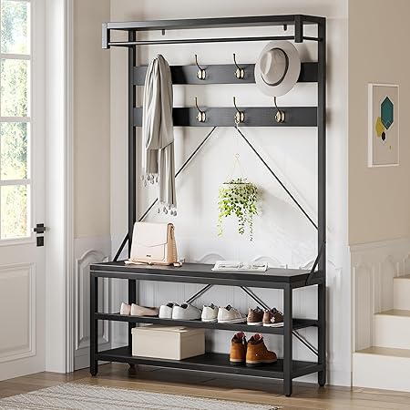 IDEALHOUSE Coat Rack Shoe Bench Industrial Hall Tree Storage Bench for Entryway, Wood Look Accent Large Shoe Rack with Storage Shelf Hanging Bar and 8 Hooks Black 39.9"x15.7"x72"