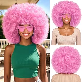 MEEZY Pink Curly Afro Wig Heart Sunglasses for Women Men, Large Fluffy Funny Disco Afro Wigs Neon Colored Short Synthetic Hair with Hair Net 70s Outfits for Women Bachelorette Party Night Club