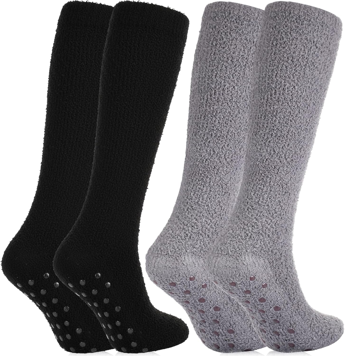 Janmercy 2 Pairs Non Slip Crew Socks Hospital Socks with Grips Cozy Fuzzy Slipper Knee High Stocking for Women, Men