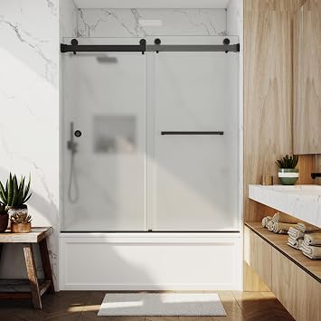 Bathtub Shower Door 3/8" Frosted Glass 56"-60" Wx66 H Double Sliding Black