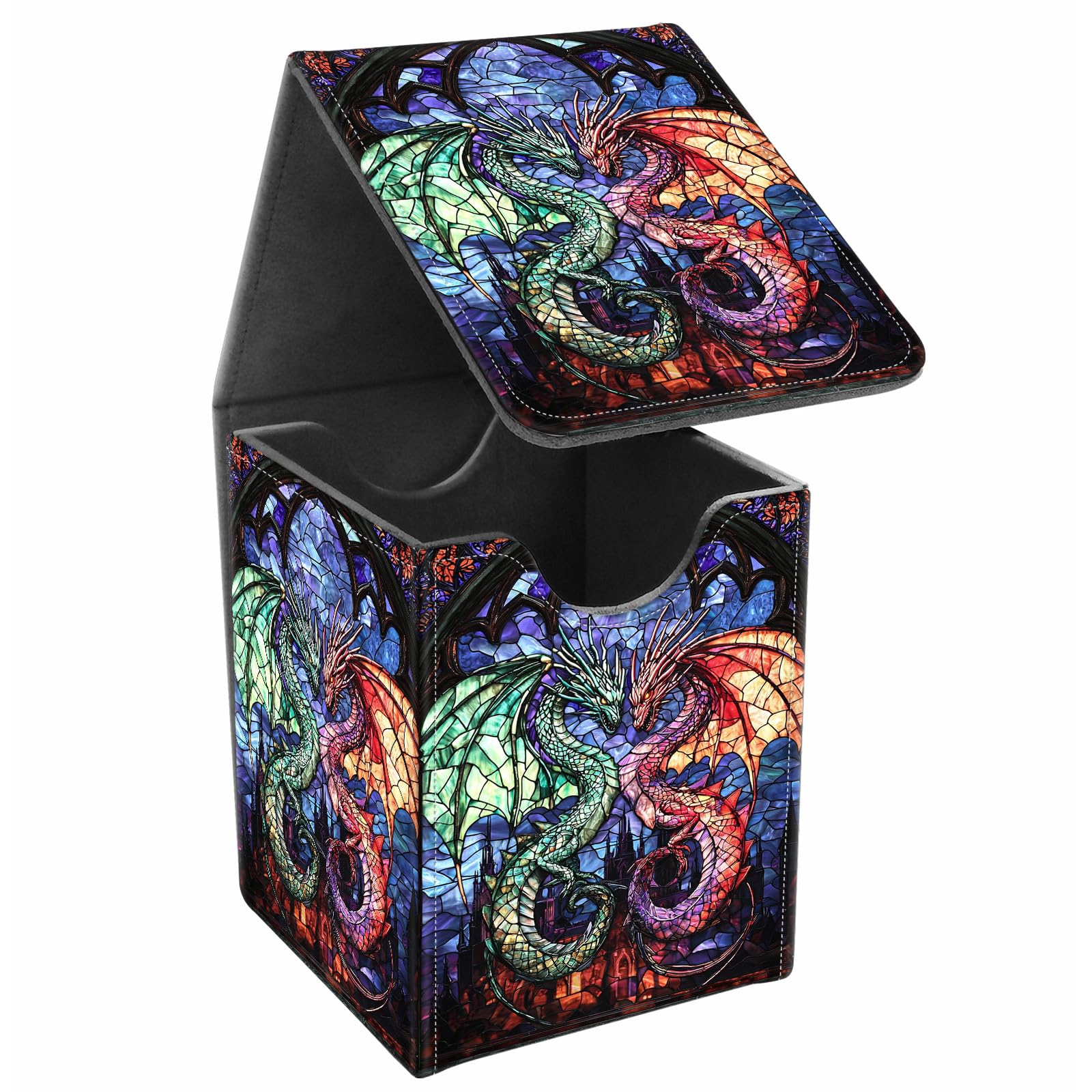 JANENFNA Card Deck Box, Card Storage Box Fits 100+ Single Sleeved Cards, Large Capacity PU Leather Card Storage Box with Strong Magnet for Magic Commander TCG/CCG, Castles And Dragons