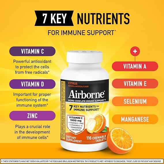 Airborne Citrus Chewable Tablets, 116ct | Immune Support Supplement with 1000mg Vitamin C + Vitamins A, D, E, Zinc,Selenium, Manganese | Herbal Blend | Gluten Free
