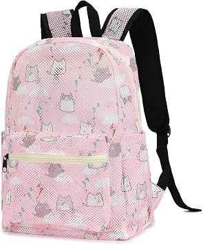 Cat Mesh Backpack for Girls Women, See Through Casual School College Student Bookbag Pink