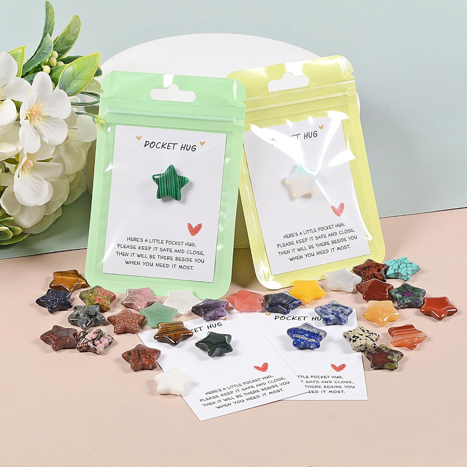 42 Sets Bulk Pocket Hug Little Star Worry Stones Token Gift Card for Friends Colleagues Family Distance Social Celebration of Life Gift