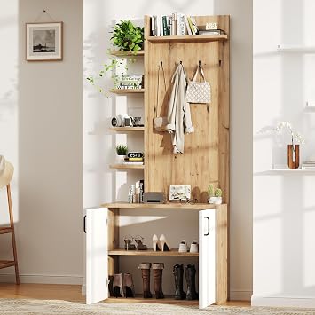 ModernLuxe Coat Rack with 2-Tier Shoe Rack, 5 Shelves & 4 Hooks, 3-in-1 Hall Tree Entryway Coat Stand, Space-Saving Storage for Hallway, Entryway & Living Room, White + Wood, 75   33   180 cm