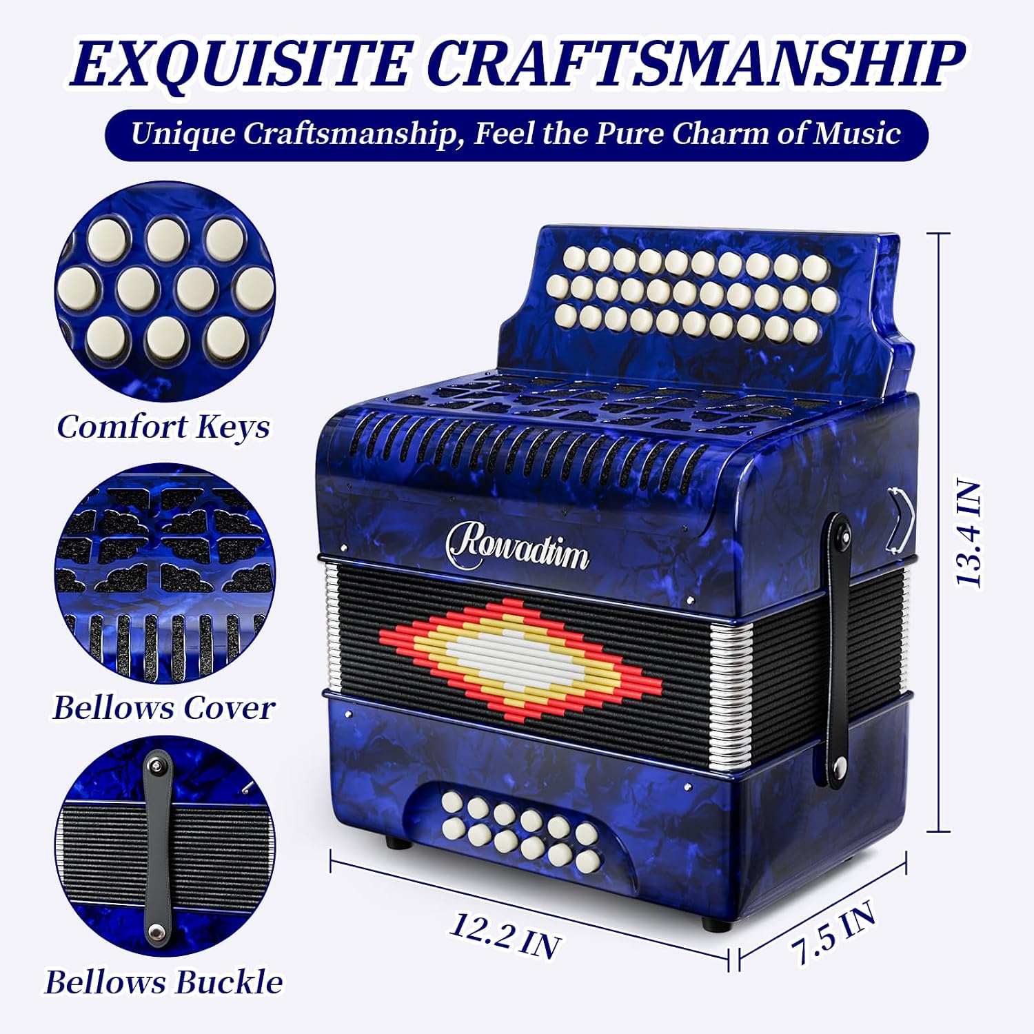 31-key Accordions,12-bass diatonic accordion, ideal for beginners; tuned to F/B/E, perfect for musicians and teachers; comes with a carrying case, shoulder strap, gloves, and a Polishing Cloth(Blue)