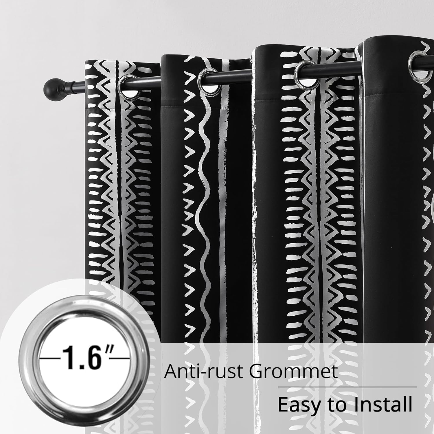 Black and Silver Curtains, 100% Blackout, Boho Metallica Silver Foil Pattern – Thermal Insulated, Noise Reducing, Grommet Top, Set of 2 Panels, 52 x 96 Inch, Bohemian Curtains
