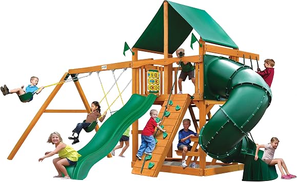 Gorilla Playsets 01-0005-AP-1 Mountaineer Wood Swing Set with Green Vinyl Canopy, Tube Slide, Two Swings, Sandbox, Picnic Table, Two Belt Swings, Amber