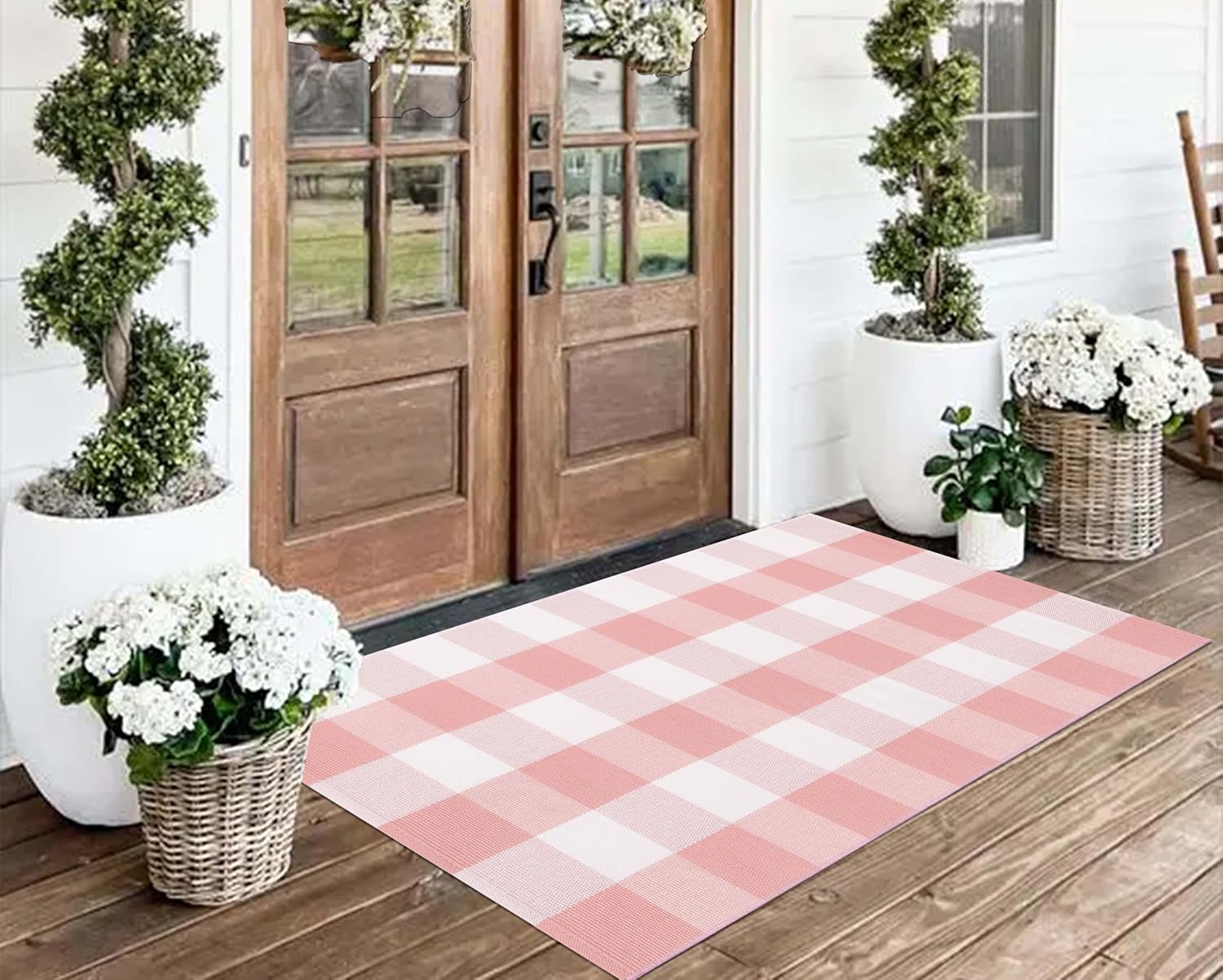 Pink and White Outdoor Rug 2'X4.3' Buffalo Plaid Checked Front Porch Rug Cotton Woven Washable Rug Layering Doormat for Welcome Door Mat Entryway Dining Room Bedroom Living Room