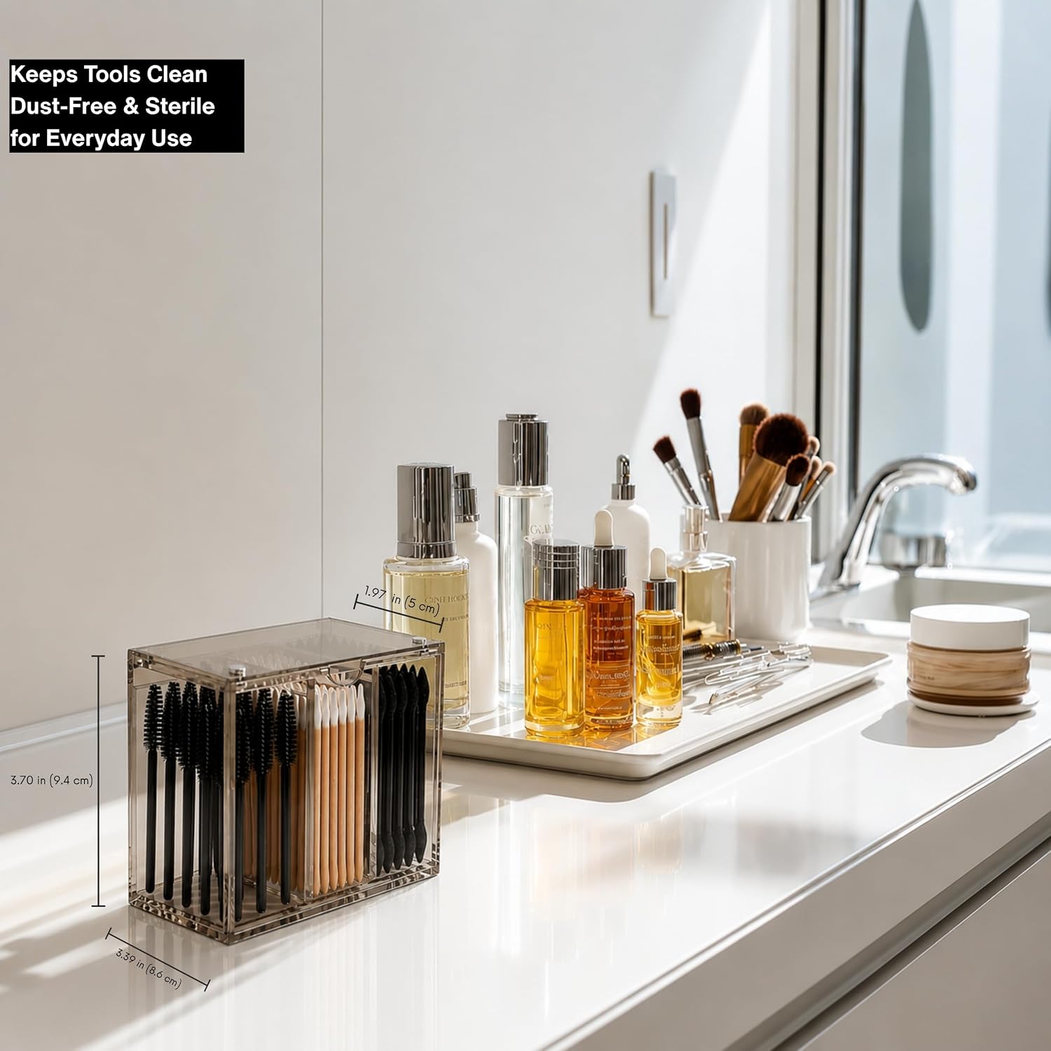 OR KO Dark Acrylic Makeup Organizer Box with Magnetic Lid Cover - 3 Compartment Acrylic Makeup Brush Holder & Cosmetic Organizer for Disposable Makeup Applicators, Brushes, & Mascara Wands