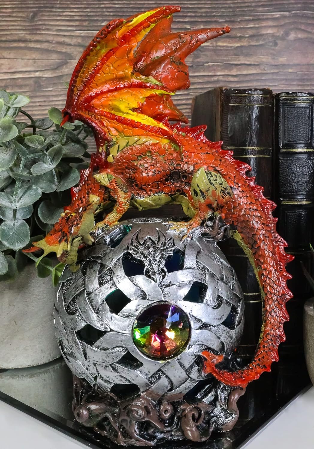 Ebros Elemental Red Fire Flaming Dragon Perching On LED Gyrosphere Orb Night Light Statue 8.5" Tall Home Decor Dragon Figurine