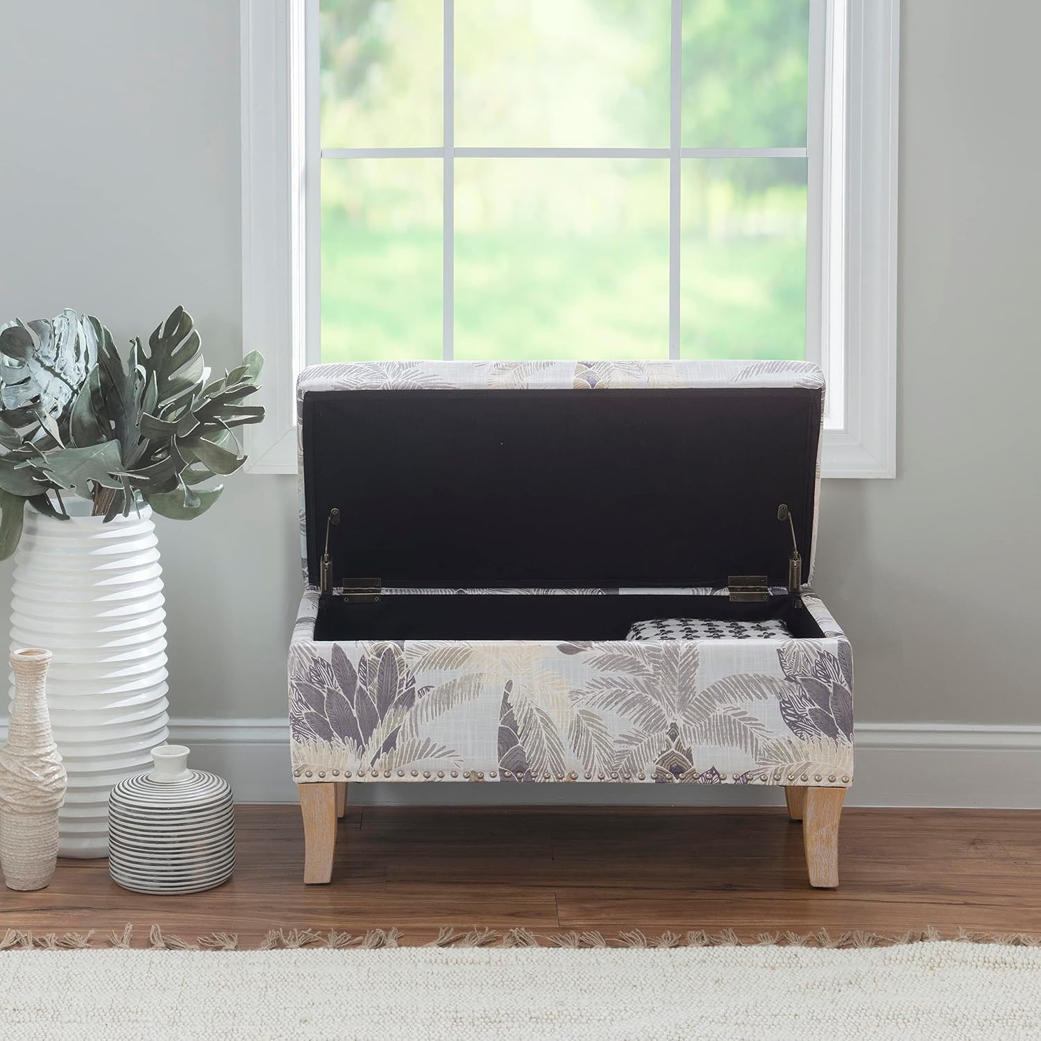 Linon Beige Tropics Upholstered Storage Stephanie Ottoman