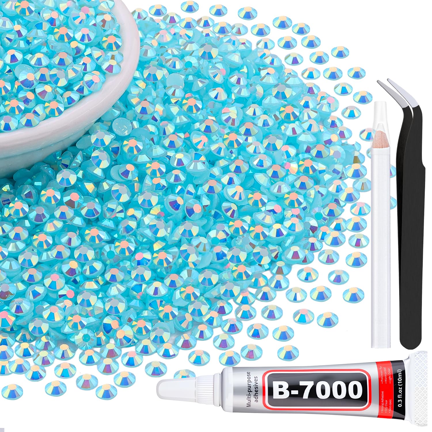 6000Pcs 3mm Resin Jelly Rhinestones with 1Pcs 10ml B7000 Jewelry Glue for Crafting, White Flatback Gems, Bedazzling Crystal Bulk for DIY Crafts Clothing Tumblers Shoes Nail Art Fabric
