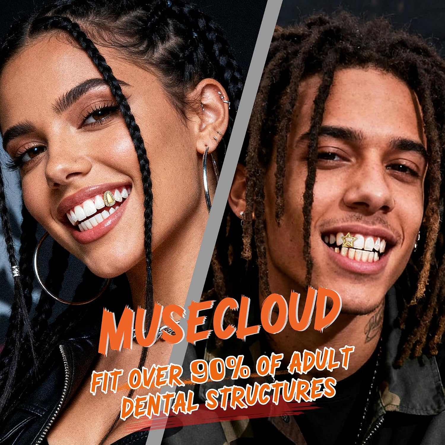 9Pcs 18K Gold Plated Grillz Teeth Caps for Women Men Fake Tooth Cap Grill Dental Jewelry Kit for Teeth Mouth Hip Hop Vampire Halloween Party Single Grillz with Molding Bars Star Fang Heart