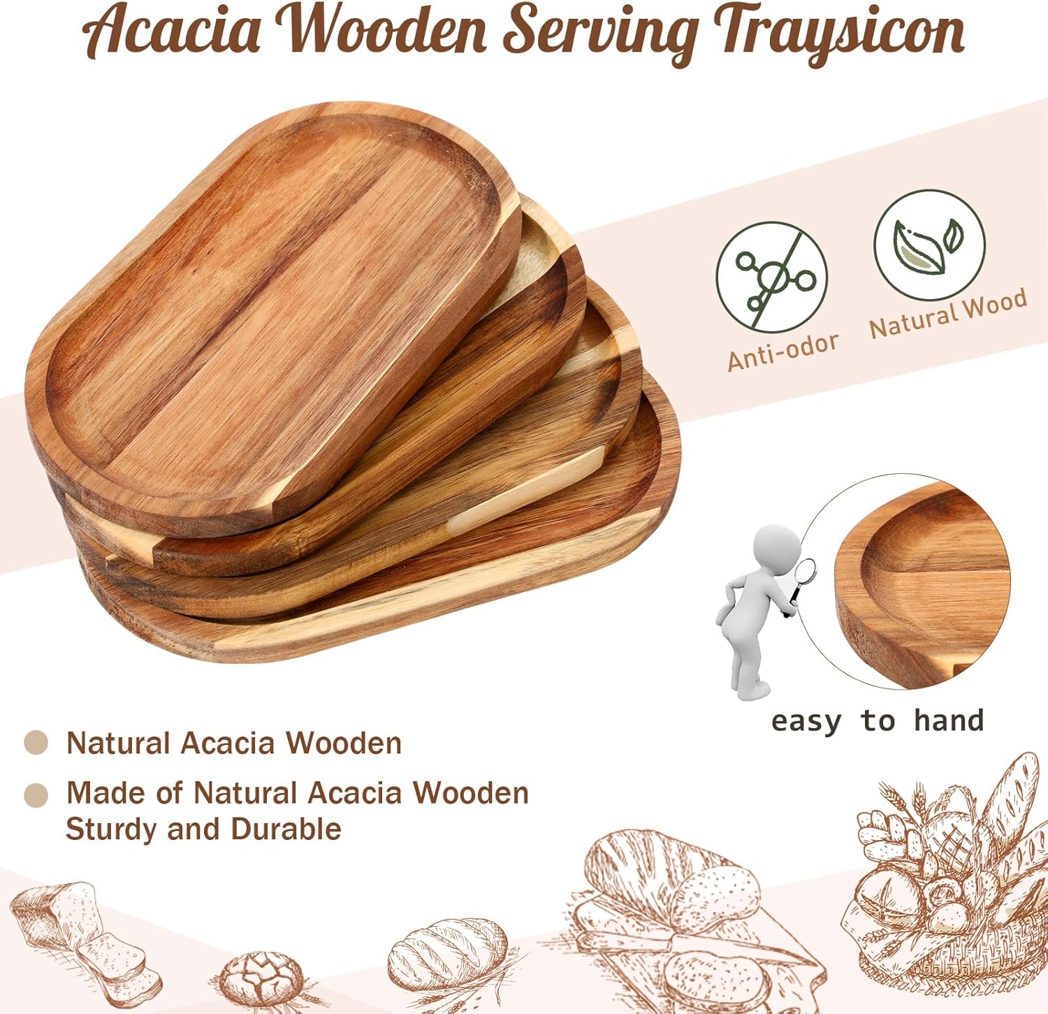 Yaomiao 4 Pcs Acacia Wooden Serving Tray Oval Shaped Rustic Wood Plates Large Decorative Natural Tray Serving Platter for Food Charcuterie Cheese Dish Bread Fruit Kitchen(11 x 6 Inch)