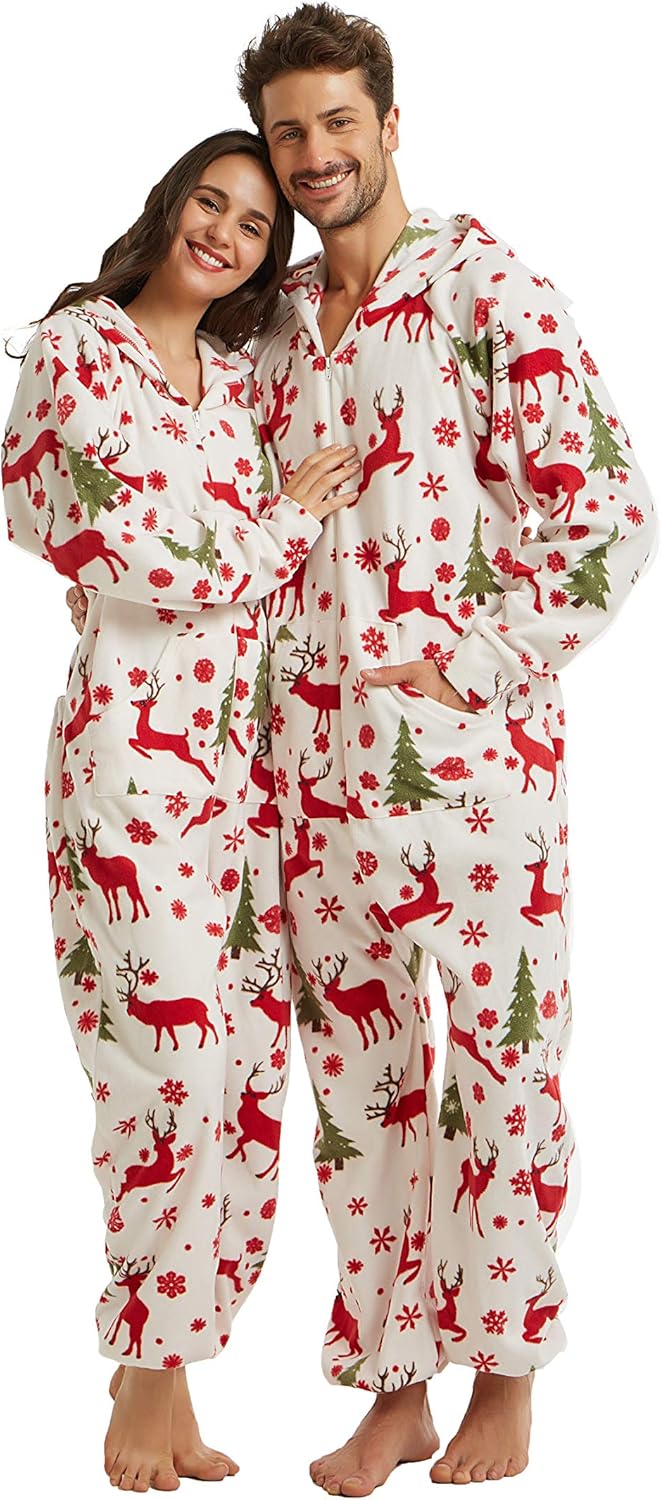 XMASCOMING Women's & Men's Hooded Fleece Onesies One-Piece Pajamas - Image 2
