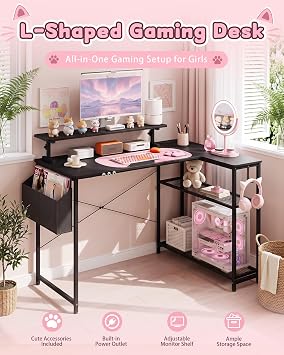 GTPLAYER 43 L Shaped Gaming Desk, Home Office Corner Desk with Storage Shelves, Computer Desk with Monitor Stand, Side Storage Bag & Hooks, Sturdy Metal Frame PC Workstation, Black