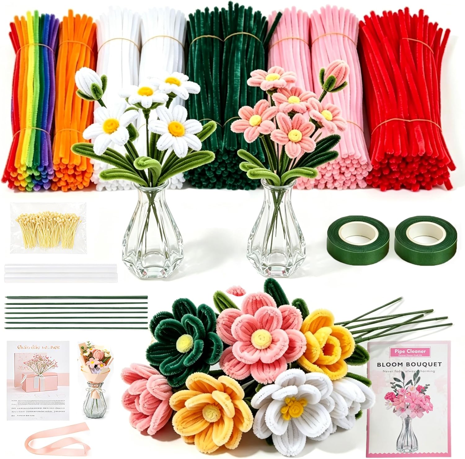 Lymoc DIY Flower Bouquet Kit with 2 Glass Vases, 600PCS Pipe Cleaners Craft Kit, 13 Colors Chenille Stems for Flower Making, Handmade Gift Kit for Girls,Teens&Adults, DIY Crafts & Home Decor
