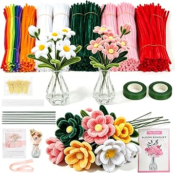 Lymoc DIY Flower Bouquet Kit with 2 Glass Vases, 600PCS Pipe Cleaners Craft Kit, 13 Colors Chenille Stems for Flower Making, Handmade Gift Kit for Girls,Teens&Adults, DIY Crafts & Home Decor
