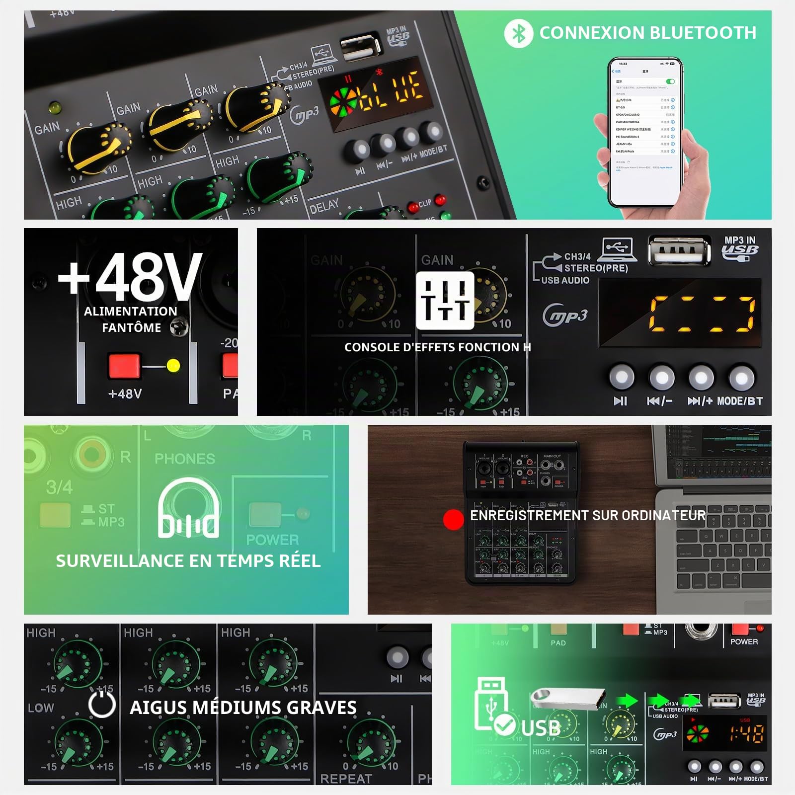 Console de mixage audio M4 canaux 48 V pour studio karaoké portable