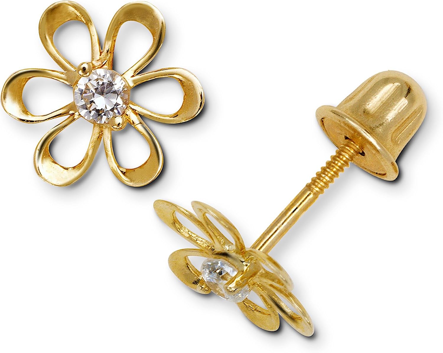 Jewelryweb – 14k Solid Gold Simualted Diamond Daisy Stud Earrings – Sun Flower Screw Back Earrings for Women – 8mm – Hypoallergenic – Non Tarnish - Waterproof