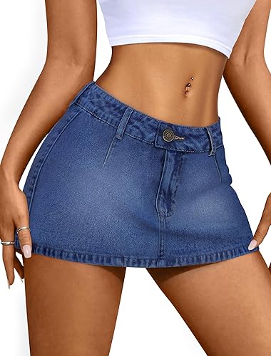 IWD Denim Mini Skirt for Women Low Waisted Jean Micro Skort with Shorts Stretch Casual Jean Skirt