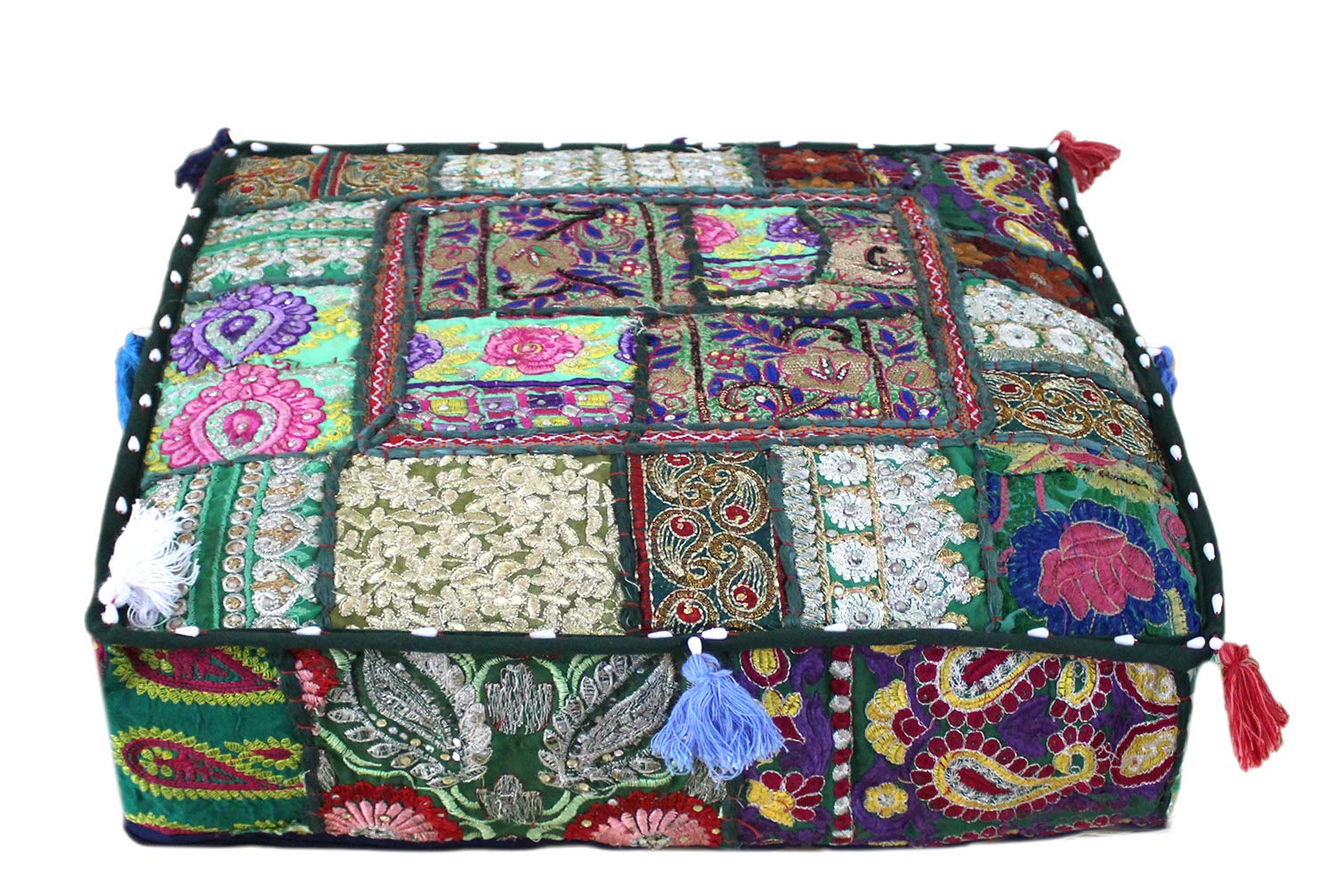 CRAFT KALA Indian Square Patchwork Traditional Pouf Cover Indian Living Room Poufs Decorative Embroidered Designer Ottoman Home Footstool Chair Cover