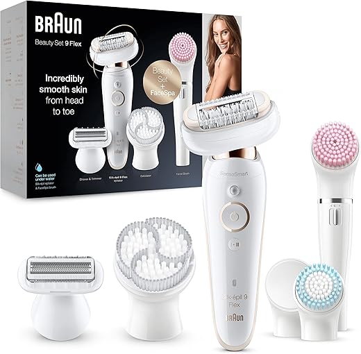 Braun Silk-épil 9 Coffret Beauté & Spa Epilateur Electrique Femme Blanc/Doré, Tête...