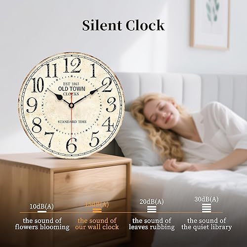 Miniatura 5 de Reloj de pared redondo retro de 14 pulgadas, estilo antiguo, estilo antiguo, funciona con pilas, reloj de pared silencioso para granja, jardín,