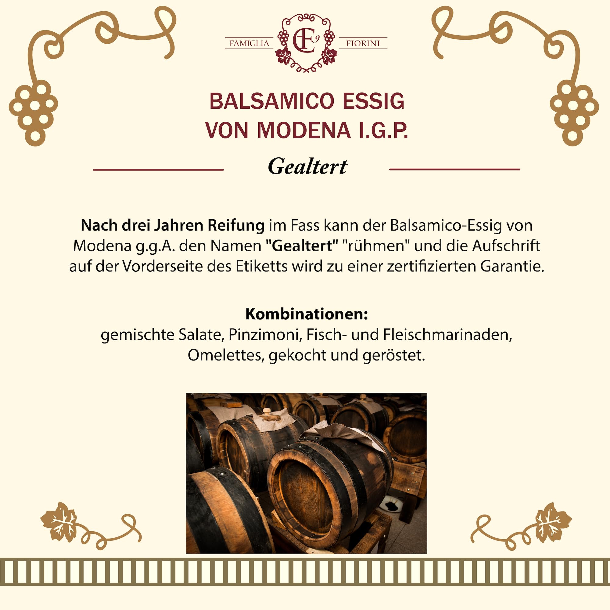 Famiglia Fiorini, In Eichenfässern gereifter Aceto Balsamico di Modena I.G.P., 3 Jahre gereift, Hergestellt aus 100% italienischen Trauben, Ideal zum Würzen von Salaten, Fisch und Fleisch, 250 ml.