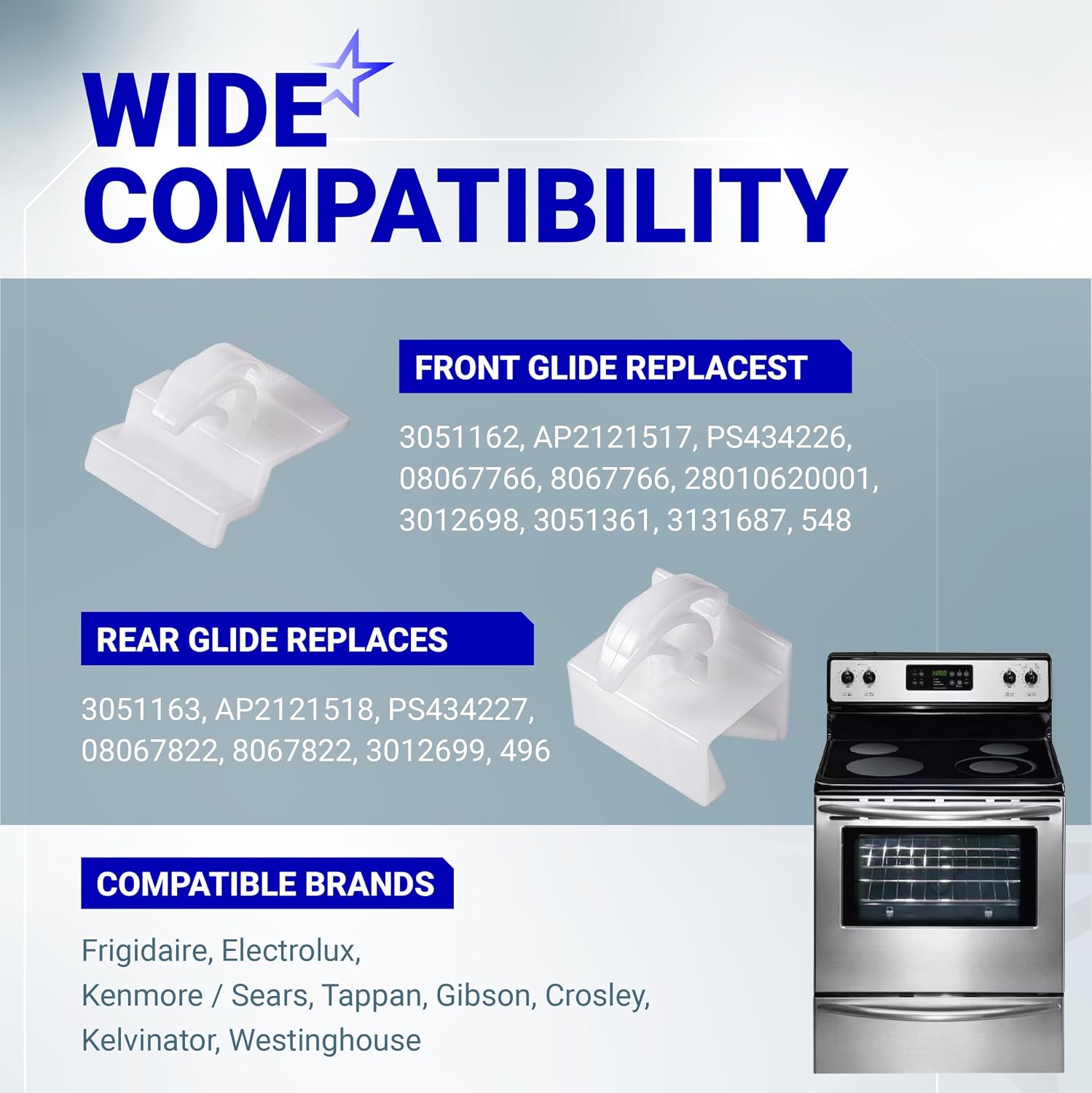 BlueStars 2 Packs 3051162 & 3051163 Range Oven Front and Rear Drawer Glide - Compatible with Electrolux and Frigidaire Ranges - Replaces AP2121517 PS434226 PS434227
