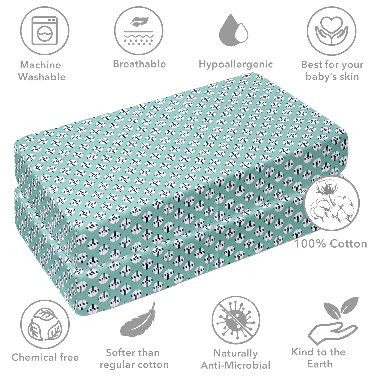 Bacati - 2 Pack NOAH Tribal Boys 100% Cotton Soft Breathable Percale Universal Baby US Standard Crib or Toddler Bed Fitted Sheets (DOTS Cross, Mint Navy)