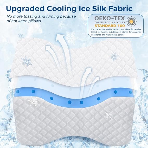 Leg Pillow for Side Sleeping, White | Cooling Gel Memory Foam Knee Pillow for Side Sleepers, Ice Silk Cover & Adjustable Strap, Relieves Hip, Sciatica & Back Pain
