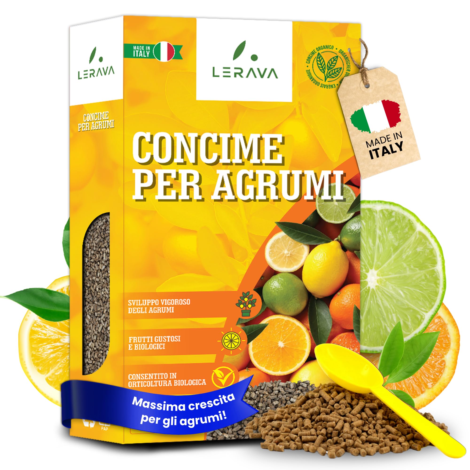 LERAVA Concime Agrumi Bio (800g) - Fertilizzante organico per agrumi vigorosi e saporiti - Con tappo dosatore - Ideale per limoni in vaso o in terra - 100% Made in Italy