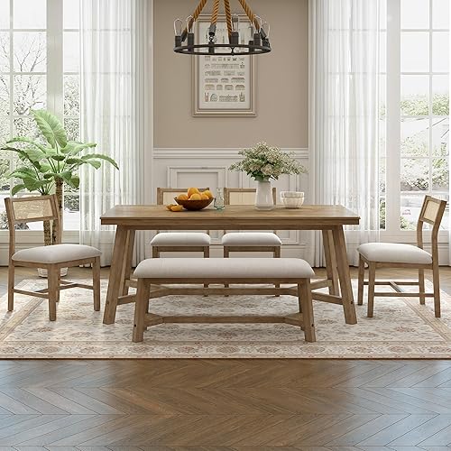 Miniatura 13 de LUMISOL Juego de mesa de comedor de granja, juego de mesa de cocina de 6 piezas con 4 sillas tapizadas y banco, madera maciza, gris envejecido, 60 x