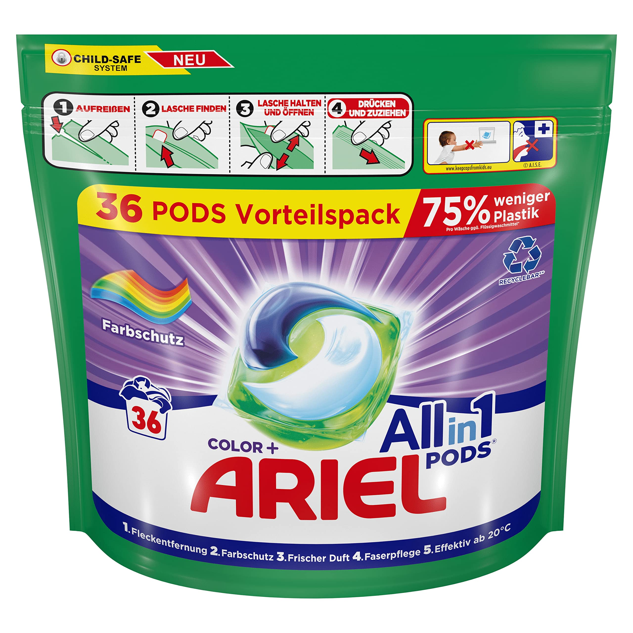 Ariel All-in-1 PODS Kapsułki do Prania, 108 Prań (3 x 36 Kapsułki), Color+, Wyjątkowa Skuteczność Usuwania Plam Nawet w Niższych Temperaturach i Świeży Zapach Czystych Ubrań