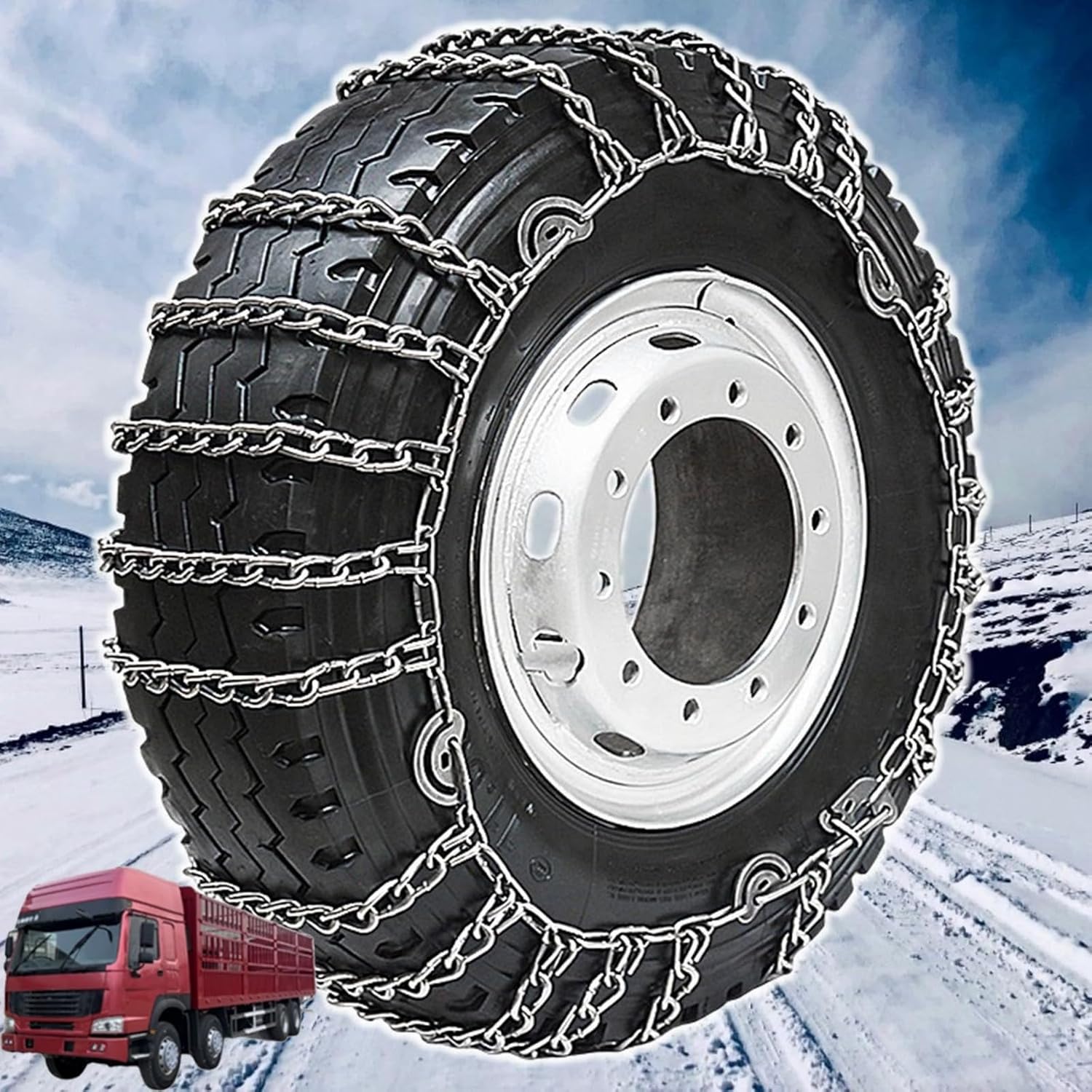 Set of 2 Snow Chains For Cars Suv Pickup Trucks Commercial trucks AVT- Quick Fit AND Easy Installation,Reusable Universal Emergency Traction Snow Chains 8.25-20 2pcs 10R22.5