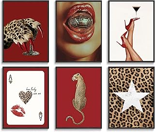 6pcs Trendy Red Fashion Leopard Wall Art Funky Lucky Wall Decor Ace Of Hearts Spades Poker Canvas Prints Vintage Room Aesthetic Pictures Posters Cheetah Painting for Girly Apartment Dorm Unframed