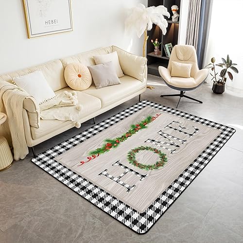 Alfombras navideñas para sala de estar, 5 x 7 pulgadas, patrón de hogar, para niños y niñas, juego de alfombras decorativas a cuadros de búfalo para