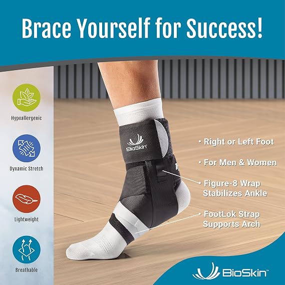 BioSkin Ankle Brace for Plantar Fasciitis, Tendonitis & Sprains TriLok | Arch-lift strap and figure-8 stabilizer support the arch and ankle together. Left or right foot.