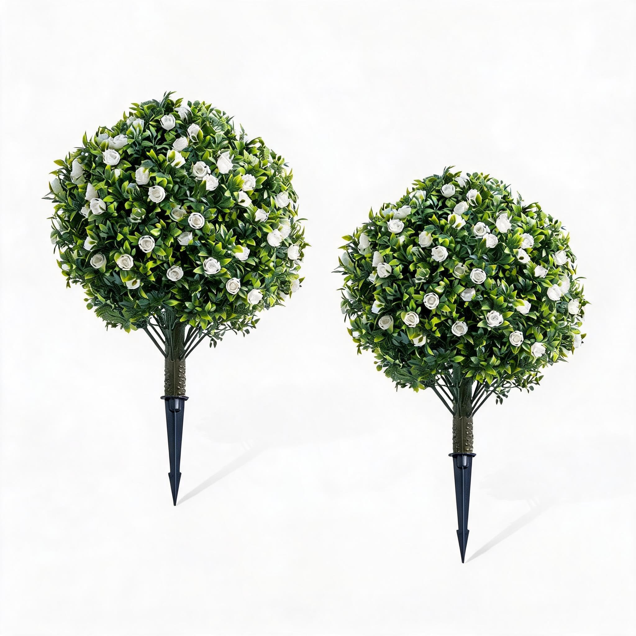 Koioplie Artificial Topiary Ball Trees Set of 2 – White Rose Flowers, 23.6" PE UV-Resistant Faux Shrubs with Ground Spikes & Metal Stakes, Maintenance-Free for Indoor/Outdoor Decor, 60x40cm