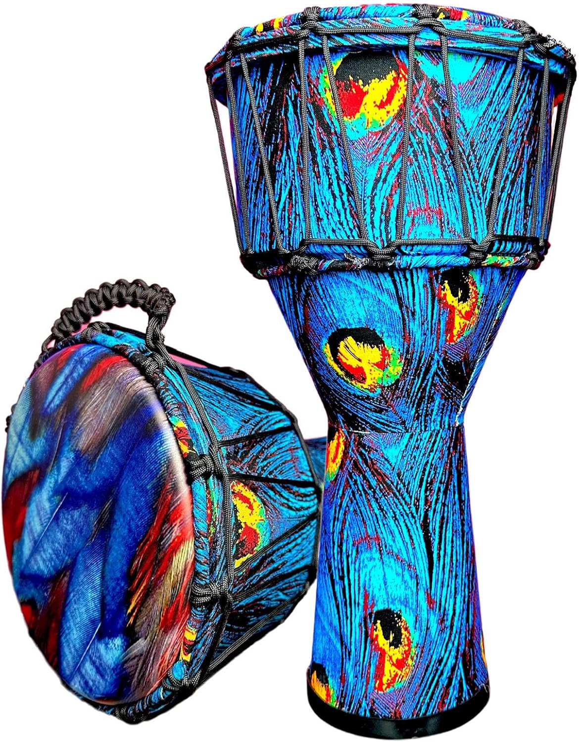 10inch Professional Djembe Drum,Adult African Drums,Peacock Feather Design,Hand-Painted Blue and Purple Pattern,Musician Gifts