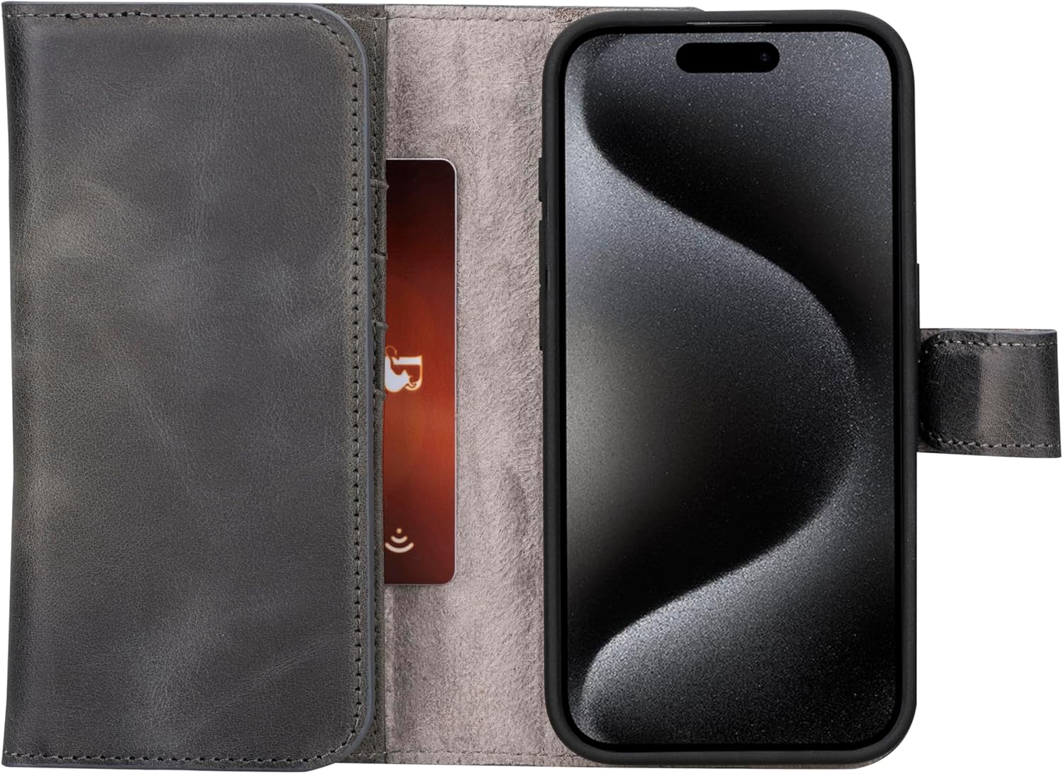 Bayelon Wallet Case for iPhone 15 Pro, Trifold Leather Wallet, Detachable Magnetic Flip Folio Cover, Card Holder, iPhone 15 Pro Case for Men and Women, MagSafe Compatible, RFID Blocking (Smoked Black)