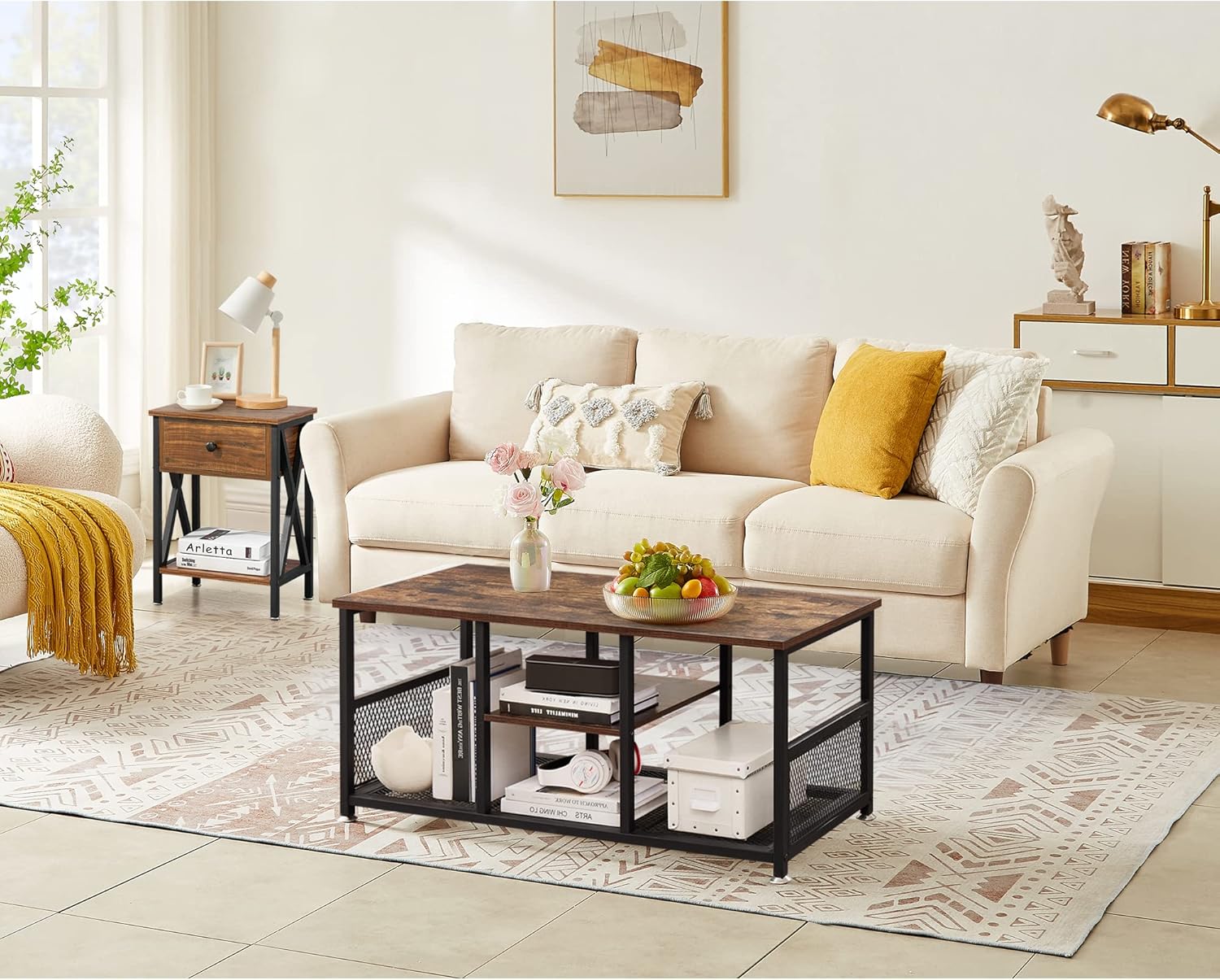 VECELO Occasional Set of 3 Includes Coffee 2 End Tables, Industrial Metal Frame, Table + Two Table, Brown : Everything Else