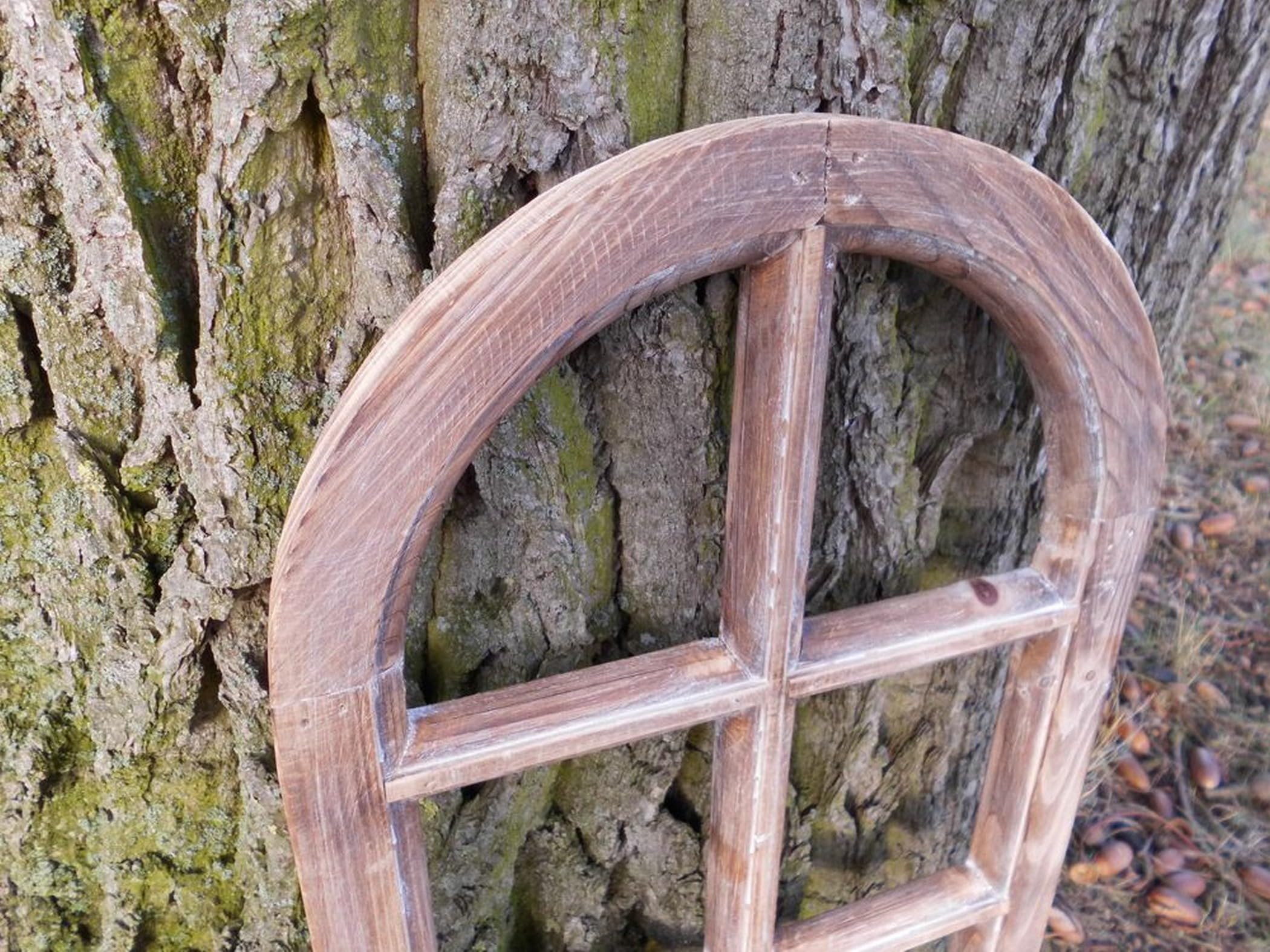 Kleineres Dekofenster Sprossenfenster Dekorahmen halbrund Holz braun 49 cm