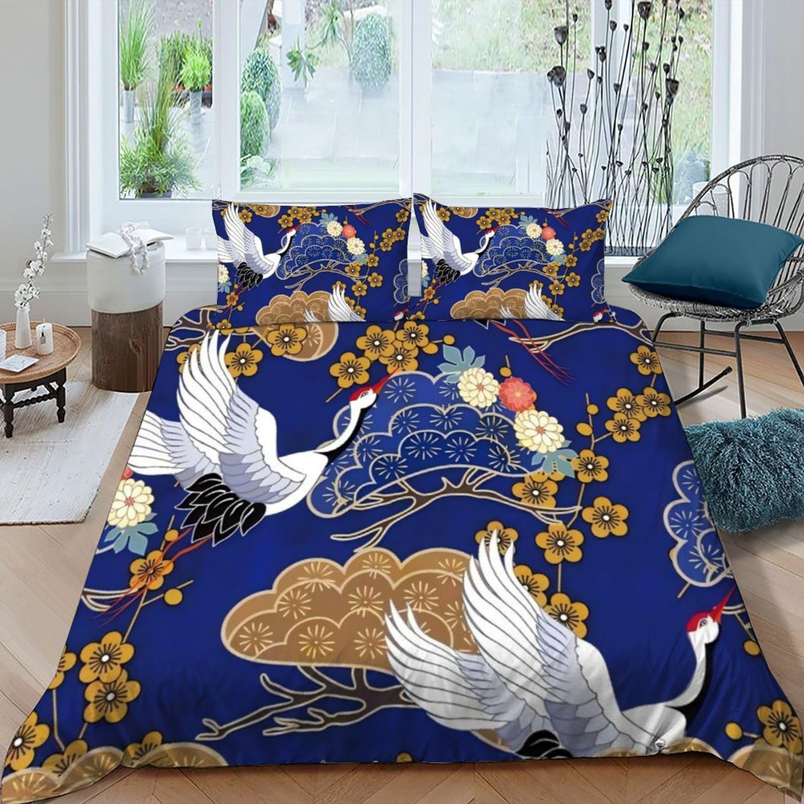 Housse de couette 220x240cm grue blanche 3 pièces style japonais avec taies d'oreiller