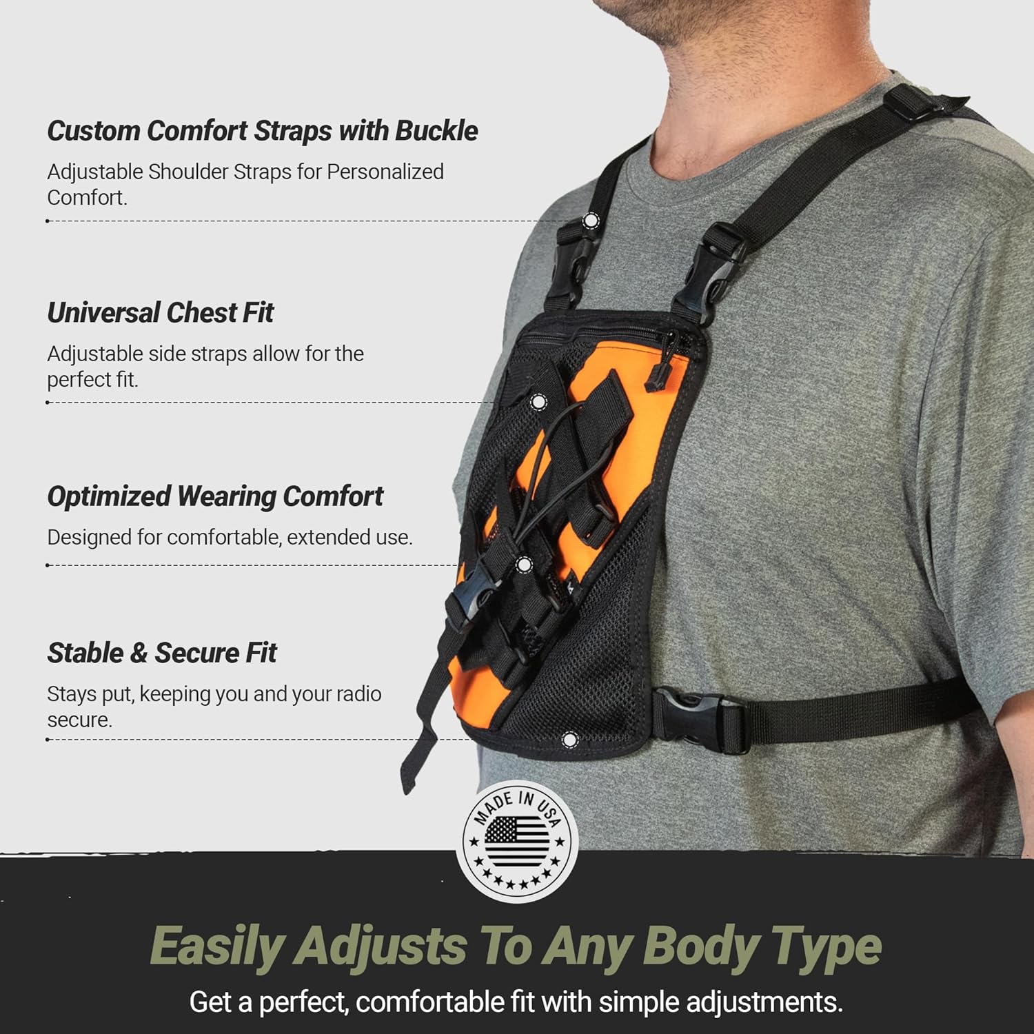 Lone Peak Orange Mesh Radio Chest Harness w/Smartphone Pocket(9.5” X 8”)- Secure Fit Search and Rescue Gear - Universal Outdoor Tactical Walkie Talkie Harness - Radio Chest Pack for EMS - Made in USA